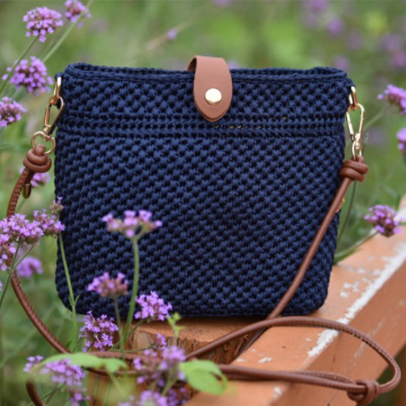 Solid-Color Handwoven Navy Crossbody Bag